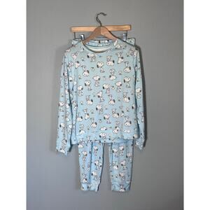 Peanuts Snoopy Large Womens Soft Pajama Sleep Set Woodstock Jogger Cozy Blue PJs